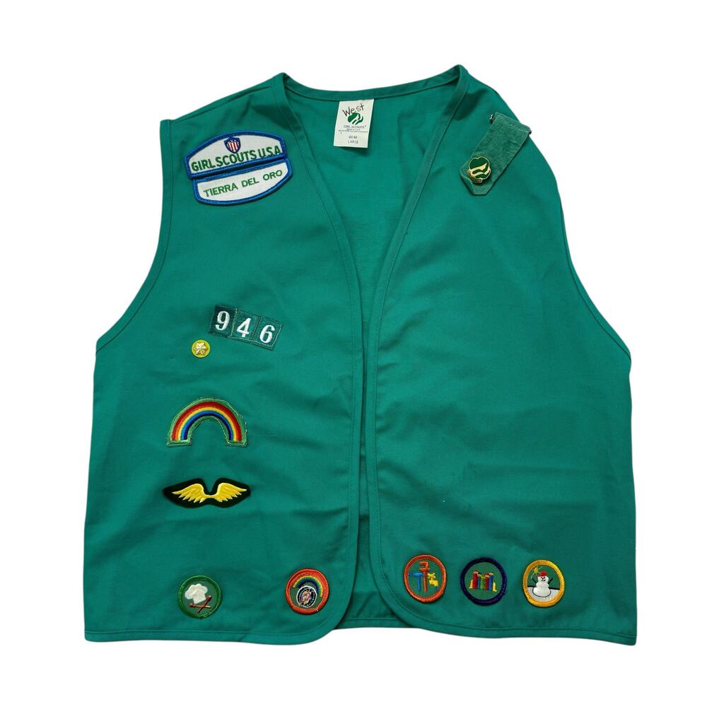 GIRL SCOUTS Vintage Green Made in USA Vest Patches Pins 90s Large Tierra Del Oro